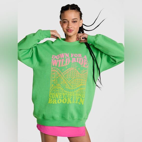 PINK Victoria's Secret Tops - Victoria’s Secret Pink Coney Island Fleece Crewneck Sweatshirt Green Size Medium